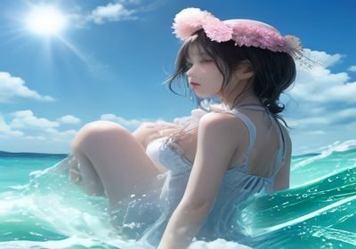 i社游戏Summer Memories截图，展示夏日海滩场景下的角色互动，色调明亮温暖